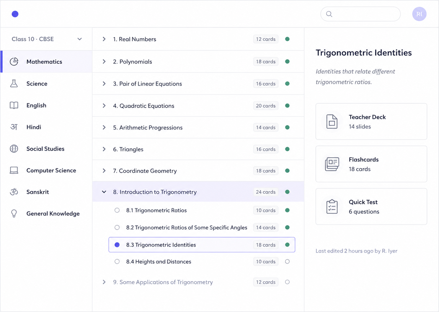 Knowledge + Curriculum Builder screen showing a CBSE Class 10 Mathematics curriculum tree with the Trigonometry chapter expanded
