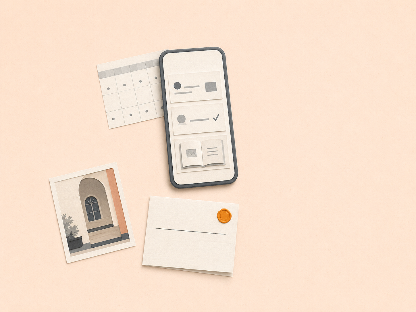 A parent’s phone, a printed report card with a small warm-amber wax seal, a calendar edge and a sliver of a school courtyard arch on a calm peach desk