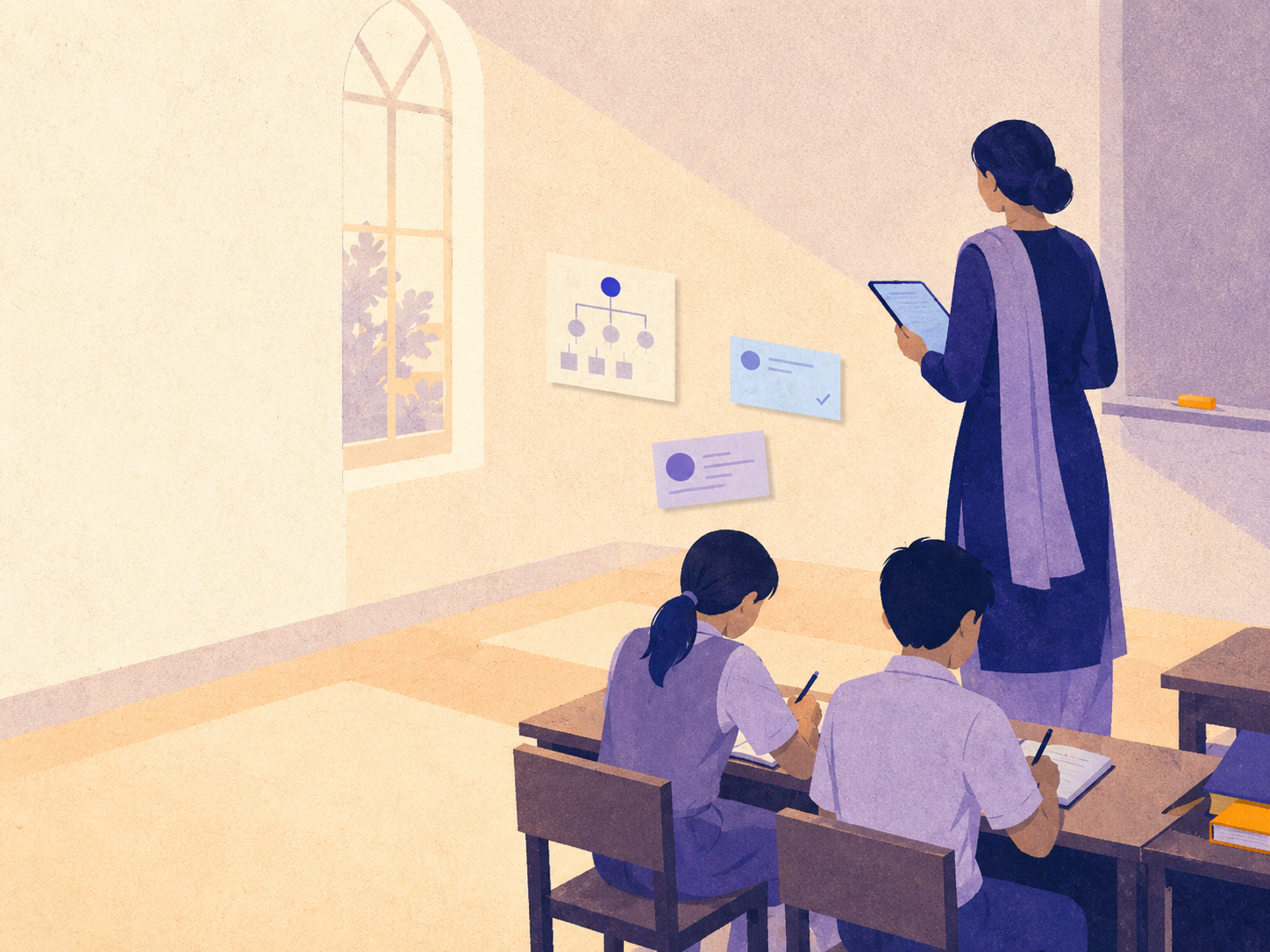 A teacher with a tablet and two students at their notebooks in a calm Indian classroom — the all.school knowledge system running quietly in the background